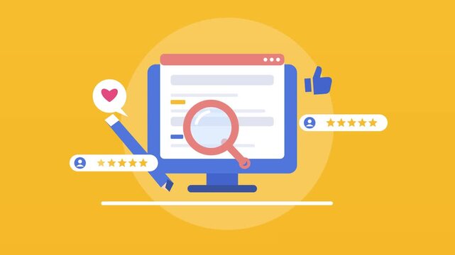 Dynamic animated search engine optimization concept video featuring magnifying glass examining data on bright computer monitor
