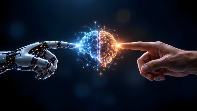 Human and robotic fingertips touching a glowing dual colored digital brain symbolizing the connection between organic thought and advanced artificial intelligence