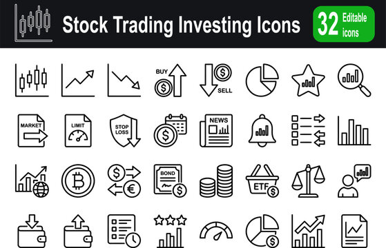 Stock trading and investing icon set in line style. Financial market linear icon collection. Containing candlestick chart, portfolio, bond, crypto, watchlist and more. Editable stroke