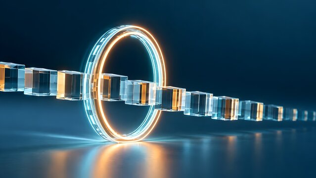 Glass data blocks passing through a glowing digital portal representing continuous integration and secure data transmission pipeline