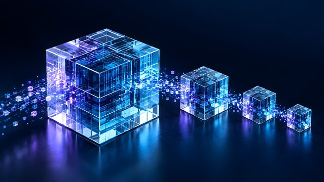Transparent digital cube dissolving into data particles representing blockchain technology data transfer and cloud storage fragmentation