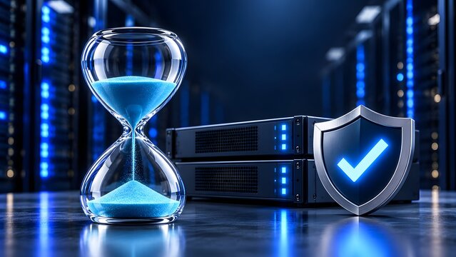 Hourglass next to secure network servers and digital shield representing guaranteed uptime and long-term data protection strategy