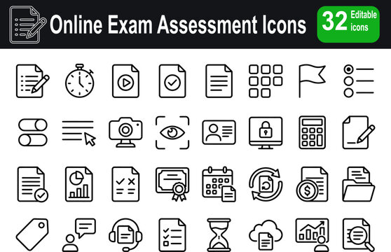 Online exam and assessment icon set in line style. Test and quiz linear icon collection. Containing exam paper, countdown timer, online proctoring, results report and more. Editable stroke