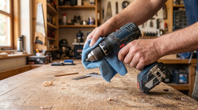 Professional maintenance of cordless power drill with blue cloth, craftsman cleaning electric hand tool in workshop, DIY home improvement project