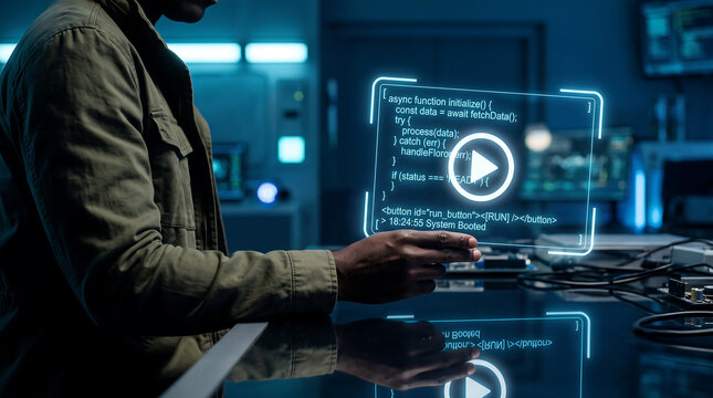 Person interacting with a glowing holographic interface displaying java script code and a play icon in a dark, blue-toned room