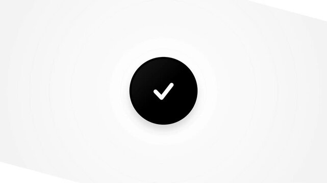 Minimalist checkmark button with a white tick inside a black circle on a clean white background, concept for successful completion, approval, and task confirmation, ideal for user interface design.