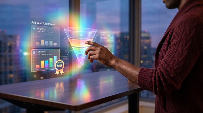 Person interacting with a holographic a/b test funnel chart and bar graphs, displaying data analytics with a prismatic rainbow light glow in a dim office setting