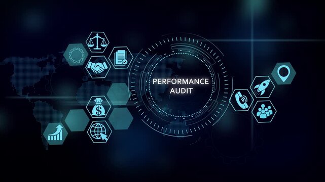 Performance audit digital interface with global business icons and hud technology business analysis
