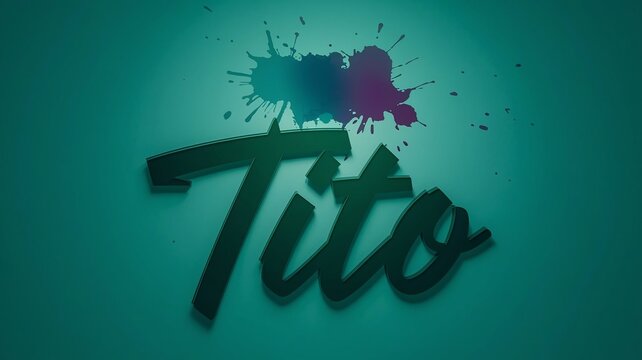 Tito is displayed in a dark, 3D font against a teal gradient background, with abstract splashes of blue and purple paint splattered above it, creating a modern and artistic aesthetic.
