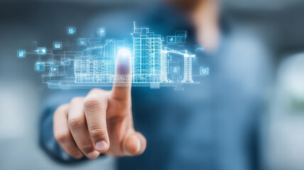 Obraz premium A hand touching a digital building blueprint represents smart construction urban development and real estate technology 