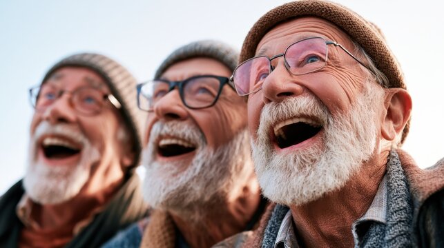 Three joyful elderly men with white beards and hats laughing together outdoors on a clear day celebrating friendship and happiness in senior years