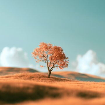 Solitary tree with orange leaves standing on gently rolling grassy hills under a clear blue sky with soft white clouds in a peaceful serene landscape