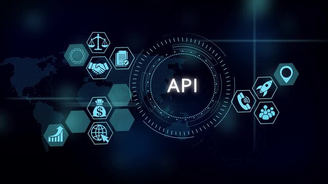 Api integration and global digital network technology concept with hud interface and business icons application programming interface