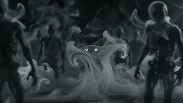 Grey smoke swirling around glowing cat eyes and skeletal figures in dark environment, macro shot