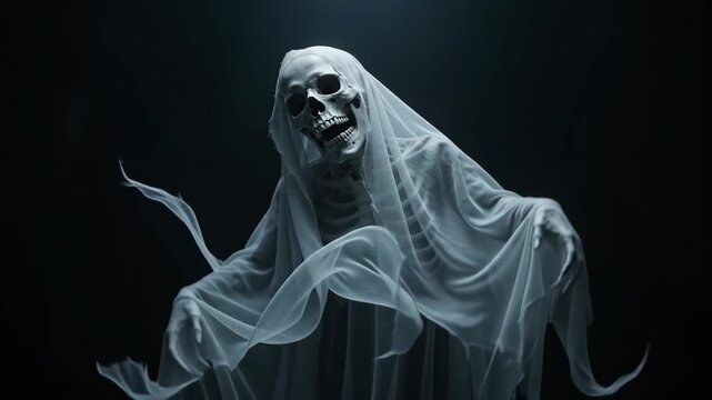 White skeleton ghost in ragged fabric shroud moving against dark background, medium shot technique