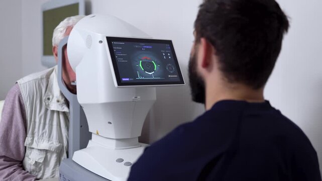 Ophthalmologist monitors a man's digital eye examination using a modern ophthalmic scanner. Concept advanced vision diagnostics and eye care.