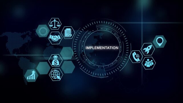 Digital business implementation strategy hud interface with global network icons and data analytics technology