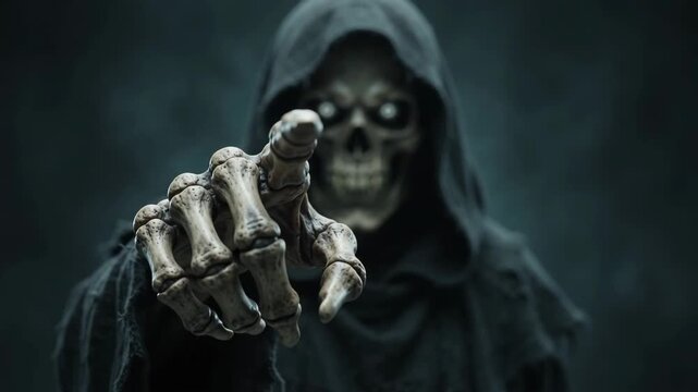 Grim reaper in black hooded cloak reaching out with skeletal hand against dark smoky background