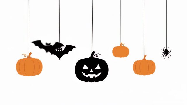 Orange pumpkins, black bat, and spider hanging against white background with copy space loop