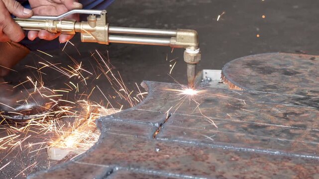 Static shot of Worker holding oxy acetylene cutting torch nozzle to pierce thick steel plate in workshop.