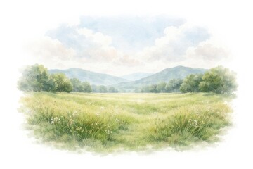 Naklejka premium Serene watercolor landscape of a lush green meadow and distant hills.
