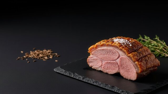 Fine dining presentation of M&eacute;choui slow-roasted lamb shoulder with crispy skin on a dark slate slab featuring cumin and dramatic negative space.