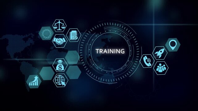 Digital training concept with hud interface and global business icons, animated technology background