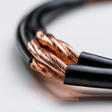 Detailed view of braided copper electrical wires with black insulation on a reflective surface showcasing industrial connectivity and conductivity concepts