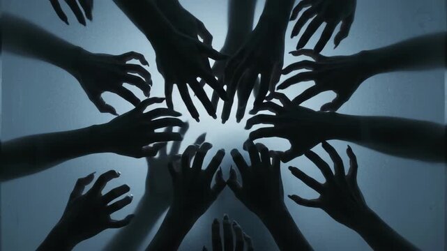 Many hands reaching and touching frosted glass surface, silhouette of person behind, close up shot