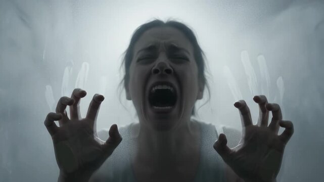 Woman screaming behind frosted glass with hand prints in thick white smoke, close up shot