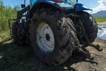 Large blue farm tractor with muddy tires parked by a flooded rice field in Spain during the growing season © catocala