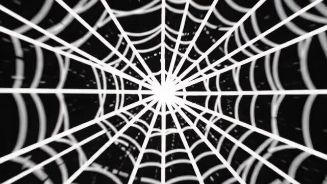 White spider web graphic animation moving towards camera with black background and copy space
