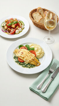 Grilled fish fillet with a white cheese and spinach sauce, served with mashed potatoes, salad, and wine on a set table - peixe &agrave; fiorentina - Fish Florentine