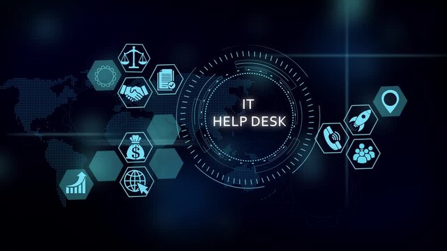 It help desk digital interface with global network icons and hud for business technology solutions technical support