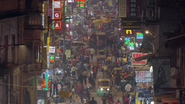 Traffic on the busy Paharganj neighborhood of central Delhi, located close to the New Delhi Railway Station in New Delhi, India. 