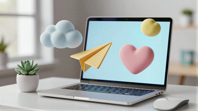 Laptop displays digital love, cloud and paper plane float above screen.