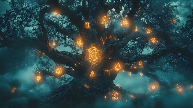 Enchanted forest oak tree glowing with mystical golden runes during deep night mist as glowing symbols radiate magic energy within ancient woods to create a supernatural fantasy atmosphere scene
