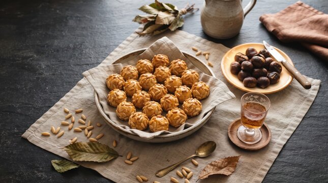Traditional panellets con pinones pastry sweets on a rustic linen table. Authentic panellets con pi&ntilde;ones pastry sweets for All Saints Day and autumn culinary traditions.