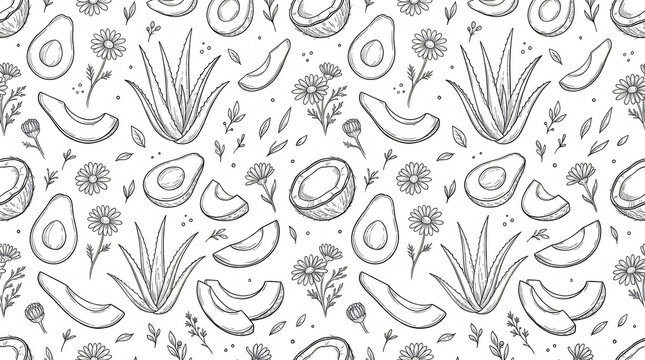 Seamless pattern of hand drawn organic skincare ingredients minimal line art style avocado aloe vera chamomile flowers coconut outline on white background for cosmetics packaging design