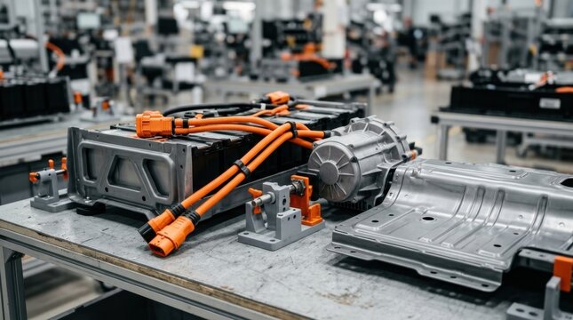 Battery pack, drive unit, stamped floor pan, and robotic assembly fixtures for electric vehicle manufacturing on a clean bench.