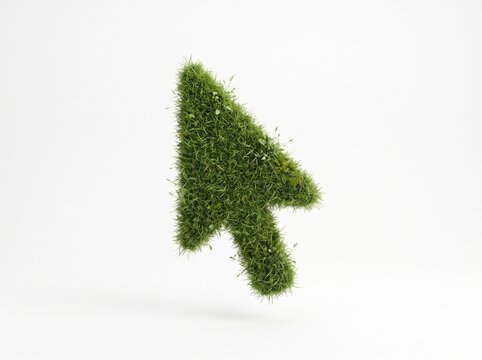 3D render of a computer mouse cursor shaped out of green grass isolated on white