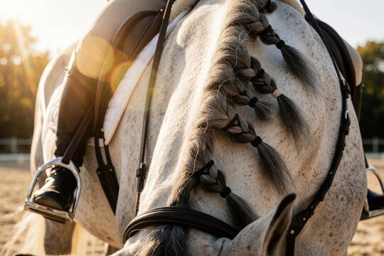 Close up of gray dappled horse with braided mane in pigtails. Rider sits in leather saddle with metal stirrup on sunny day. Equestrian sport details show neat hair style, pro horse grooming at