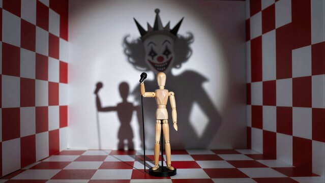 Wooden figure sings under spotlight, shadow of a menacing clown looms behind.