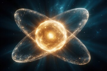 Fototapeta premium Glowing atom nucleus with orbiting electrons in deep space. Bright golden energy sphere radiates light through blue nebula clouds. Abstract cosmic particle model shows quantum physics, stellar