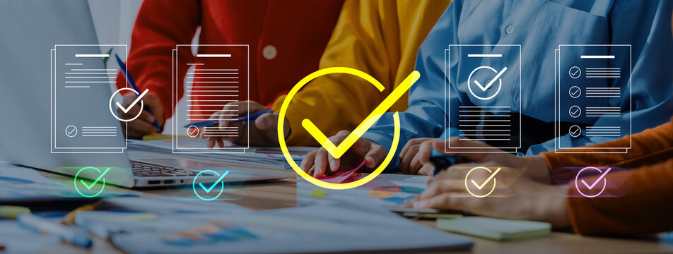 A vibrant workplace scene showing team members collaborating on projects with laptops and documents, highlighting success and achievement through a check mark symbol. Cyphers
