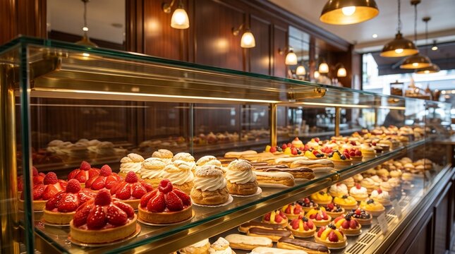 French patisserie glass display case filled with artisan pastries, strawberry tarts with fresh raspberries, cream puffs, eclairs and fruit tartlets on illuminated shelves in a classic bakery, dessert 