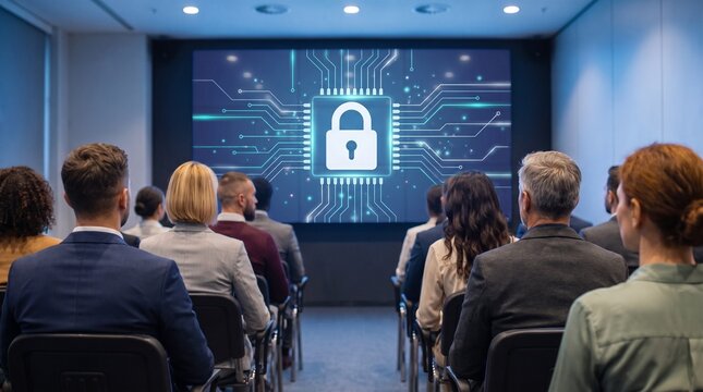  Audience of professionals seen from behind at a cybersecurity awareness presentation with a glowing white padlock on a digital microchip with cyan circuit traces on the screen, data protection and in