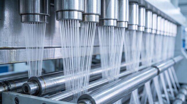 Detailed view of nylon yarn extrusion machinery in a textile factory with fine white semi-dull filaments streaming from metal spinnerets over polished steel rollers, textile manufacturing and polymer 
