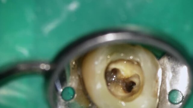 Endodontic procedure with rotary instrument. Molar root canal preparation under rubber dam. Detailed visualization of root canal enlargement in molar using rotary tools and rubber dam