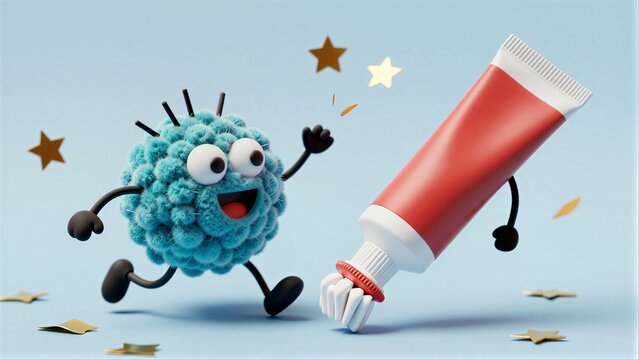 Blue cartoon germ joyfully runs away from toothpaste tube amidst confetti.
